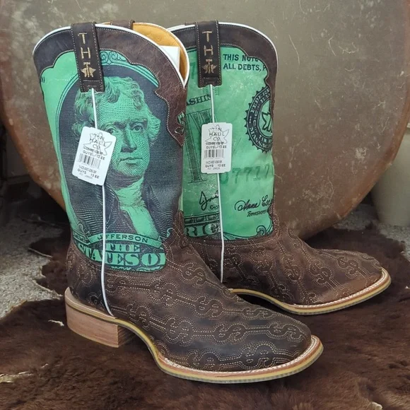 TIN HAUL men's DEUCE money themed square toe leather cowboy boot sz 13EE NWT